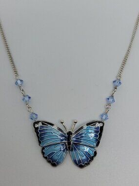 Crystal, Enamel & Sterling Butterfly Necklace